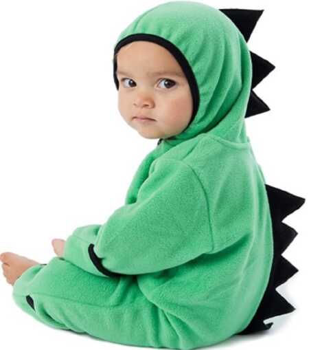 Green baby dinosaur onesie costume. 