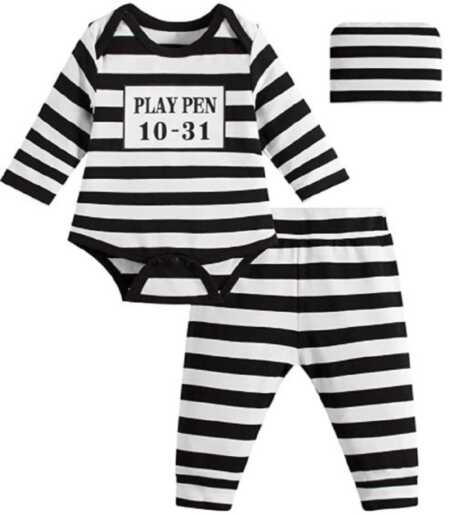 Funny baby prisoner costume for Halloween. 