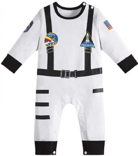 White baby astronaut jumpsuit costume.