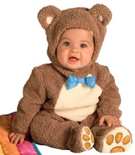 Brown bear baby costume with blue bow tie. 