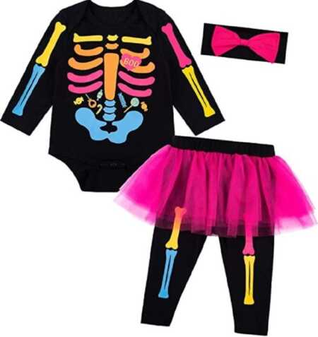 Colorful baby girl skeleton costume for Halloween. 