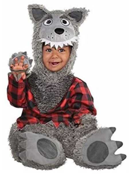 Baby werewolf costume with red flannel shirt. 