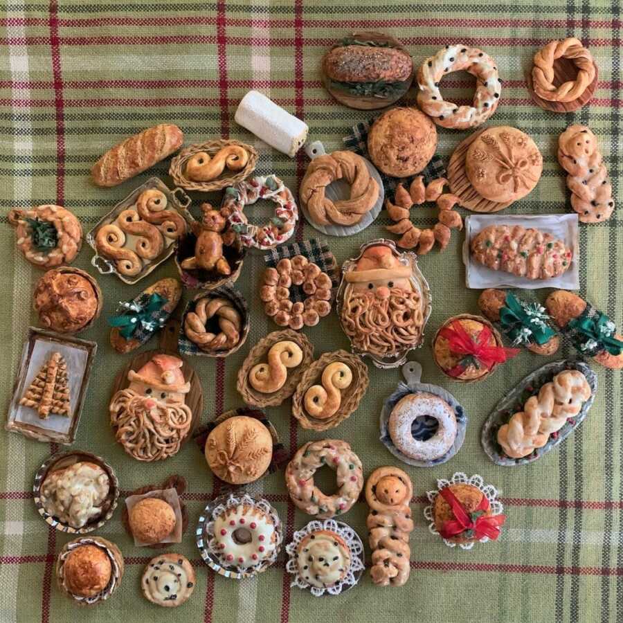 Miniature baked Christmas goods made from sculpted clay.