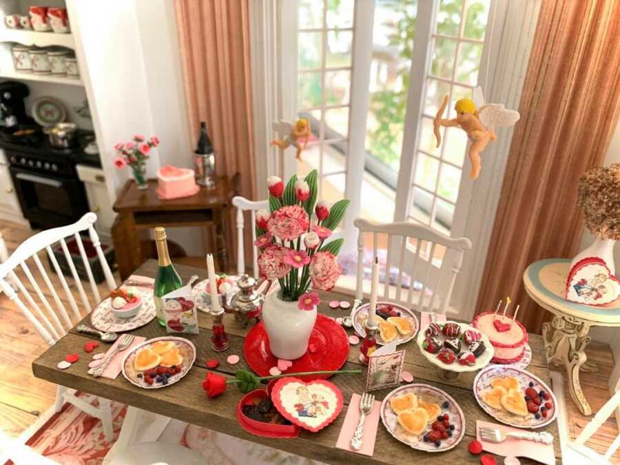 Miniature Valentine's Day spread clay sculpted dollhouse food.