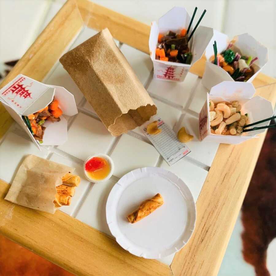 Miniature Chinese take-out clay sculpted dollhouse food.