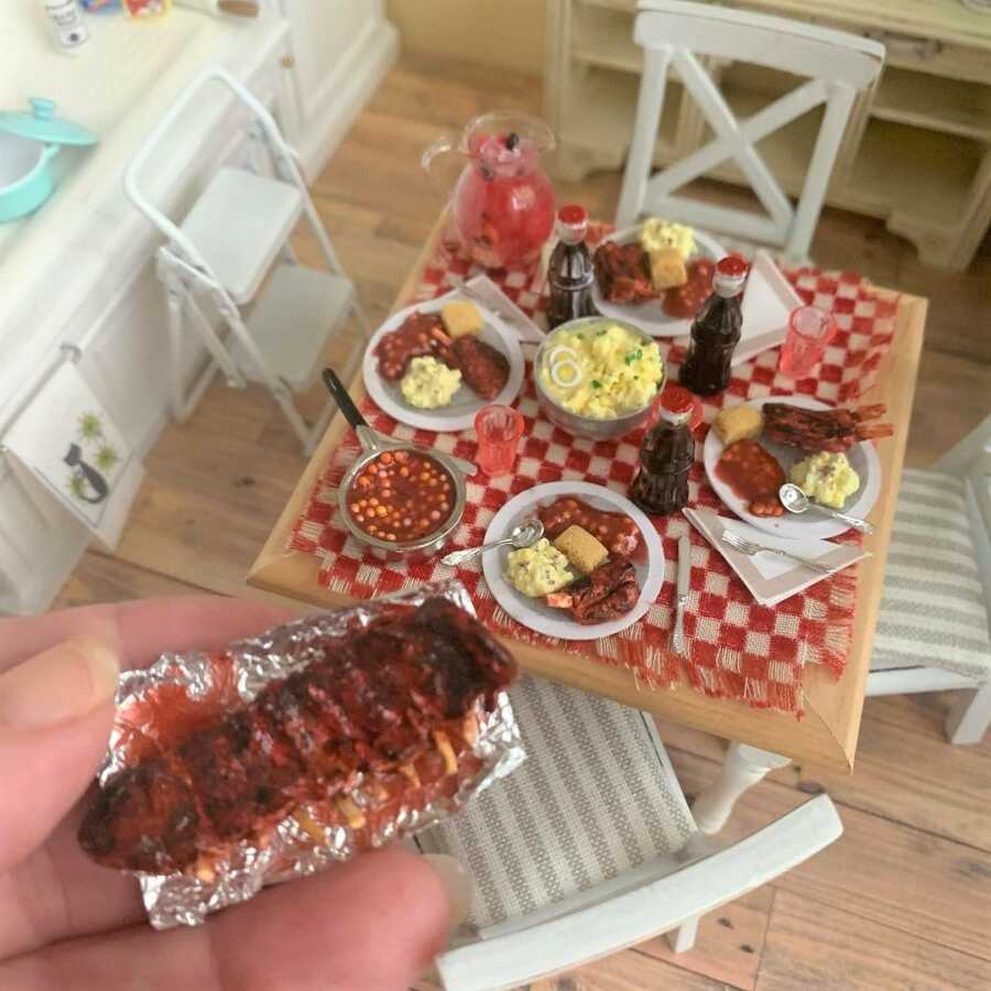 Miniature summer BBQ clay sculpted dollhouse food.