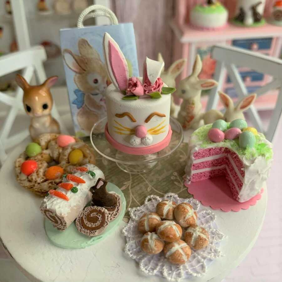 Miniature Easter dessert made from sculpted clay.