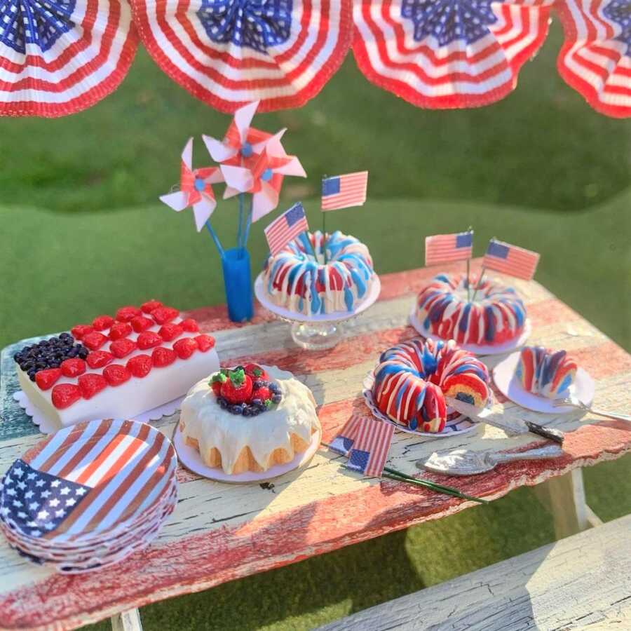 Miniature 4th of July clay sculpted dollhouse food.