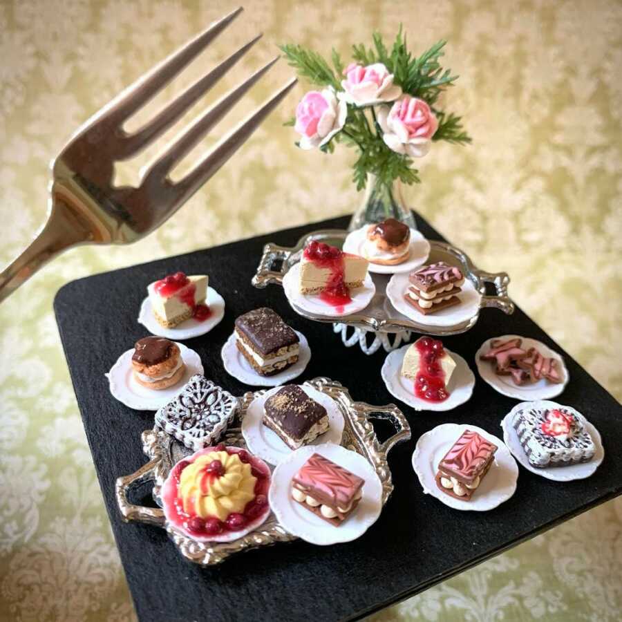 Miniature desserts clay sculpted for dollhouse food.