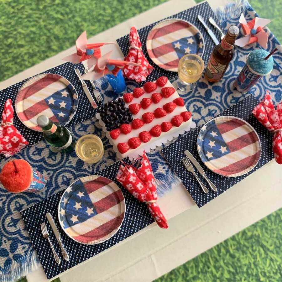 Miniature 4th of July clay sculpted dollhouse food.