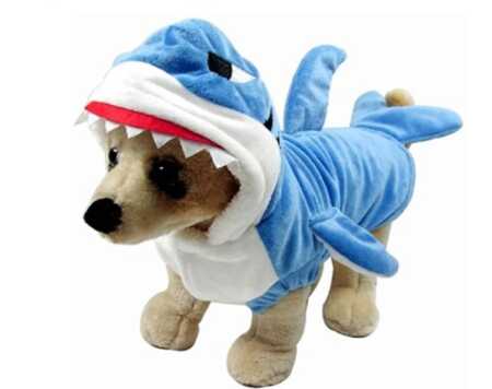 Funny blue shark pet costume for Halloween. 