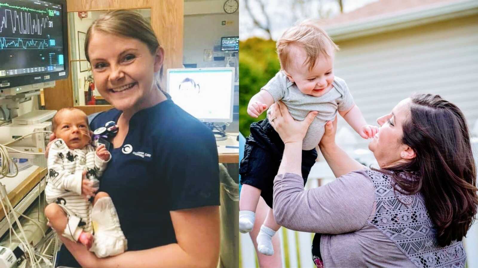Nurse holds newborn in NICU and mom holds baby boy