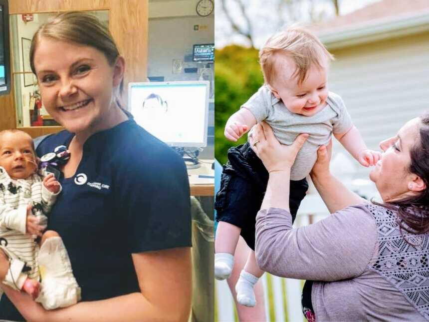 护士抱着新生儿在新生儿重症监护室，母亲抱着男婴