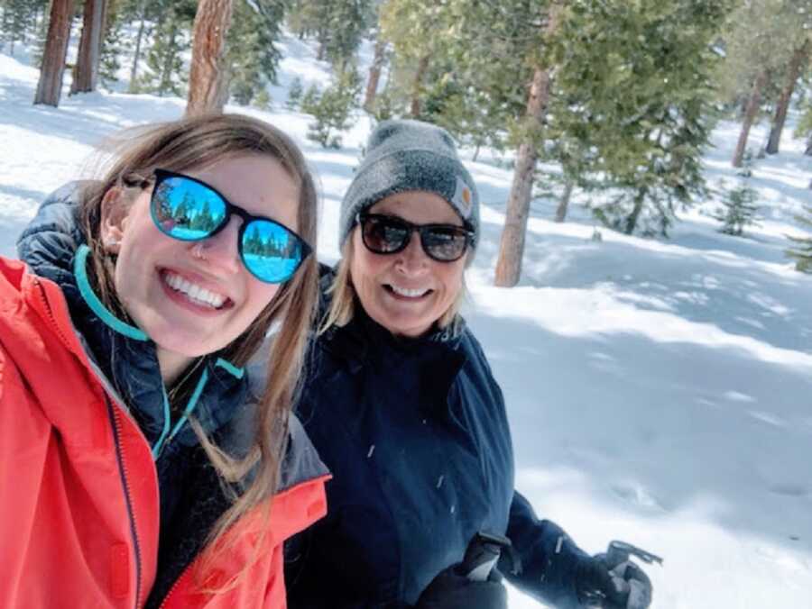 Recovering heroin addict in the snow with her mom