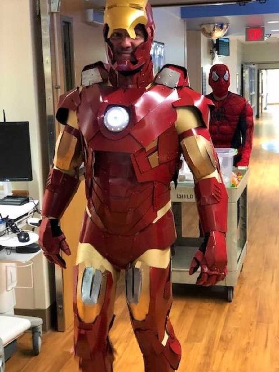 Captain Carrillo wears his special Iron Man costume to the children's hospital.