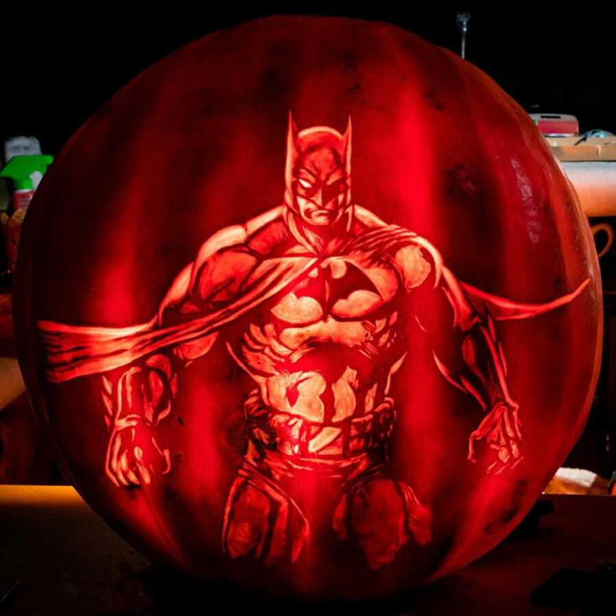 Incredible pumpkin carving of Batman, created by Maniac Pumpkin Carvers. 