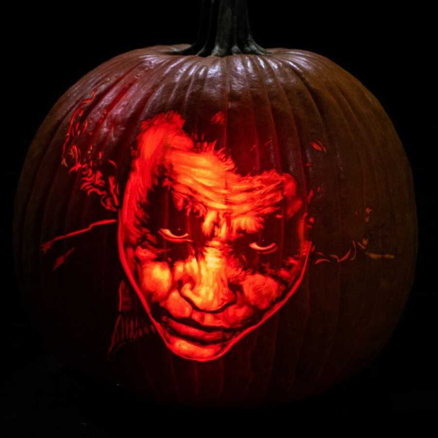 Incredible pumpkin carving of the Joker, created by Maniac Pumpkin Carvers. 