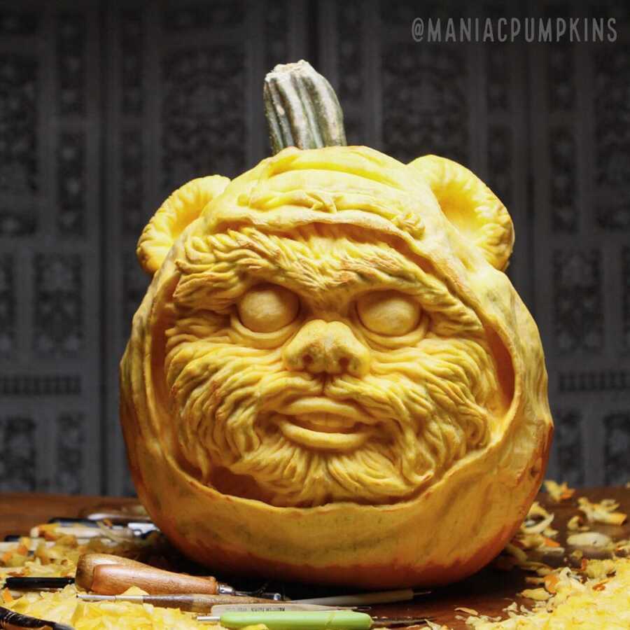 Incredible pumpkin sculpture of an Ewok, created by Maniac Pumpkin Carvers. 