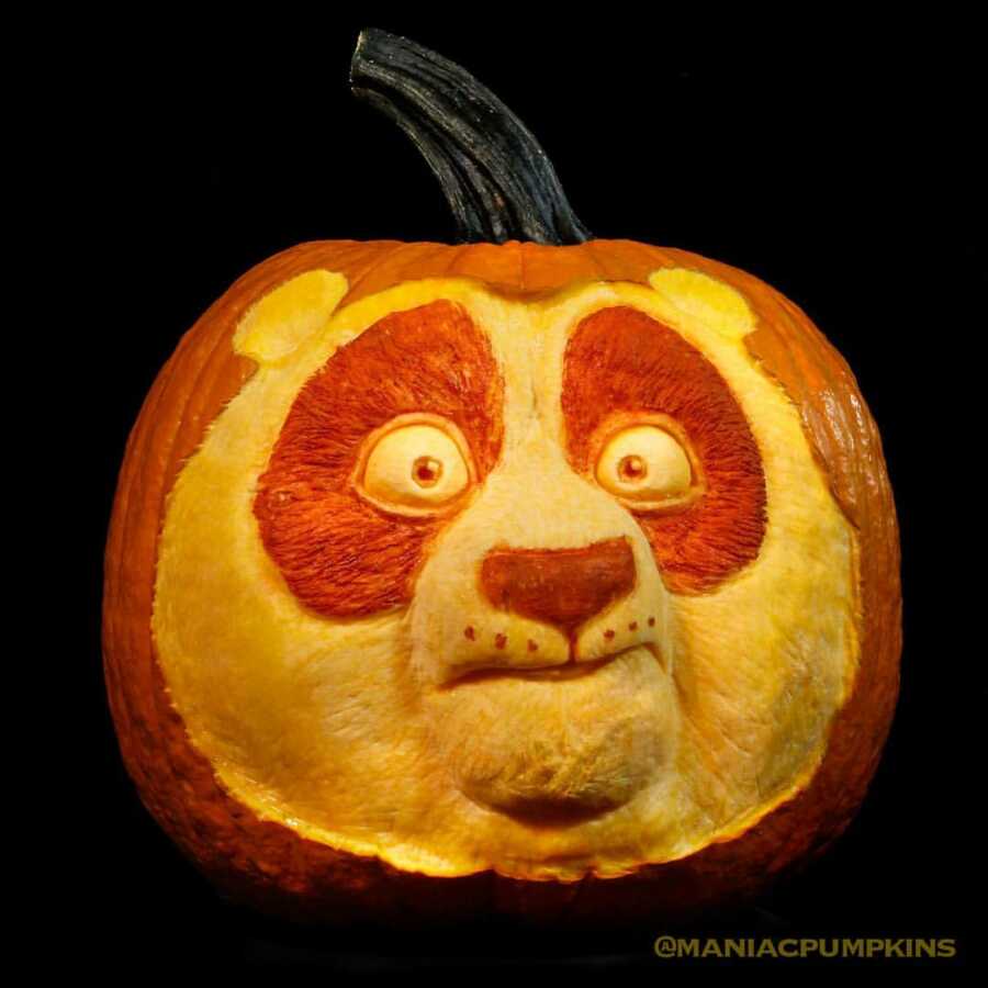 Pumpkin sculpture of Kung Fu Panda, created by Maniac Pumpkin Carvers.