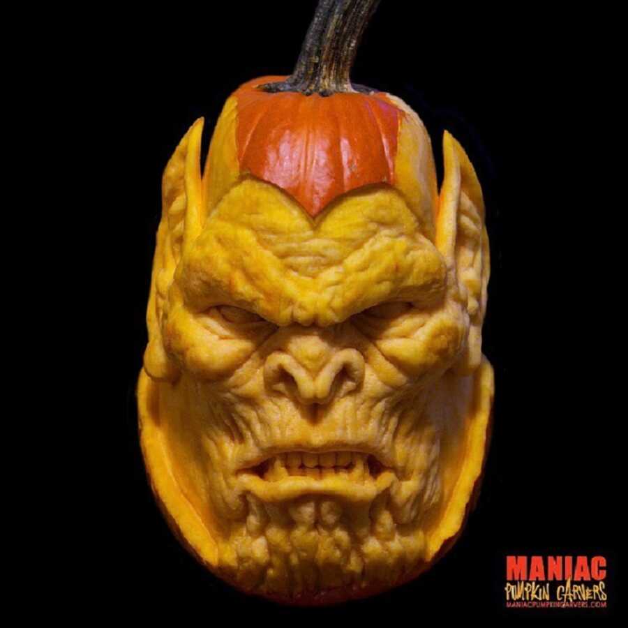 Incredible pumpkin sculpted face, created by Maniac Pumpkin Carvers. 