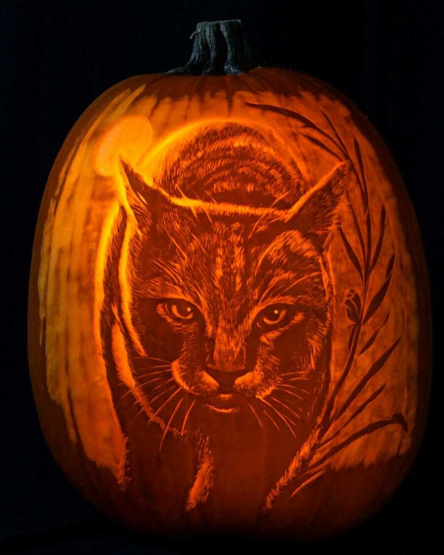 Detailed pumpkin carving of a black cat, created by Maniac Pumpkin Carvers. 