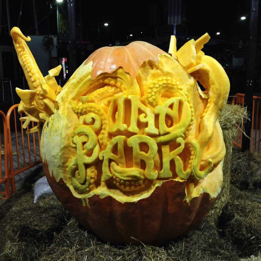 Giant pumpkin sculpting for the Luna Park contest, created by Maniac Pumpkin Carvers
