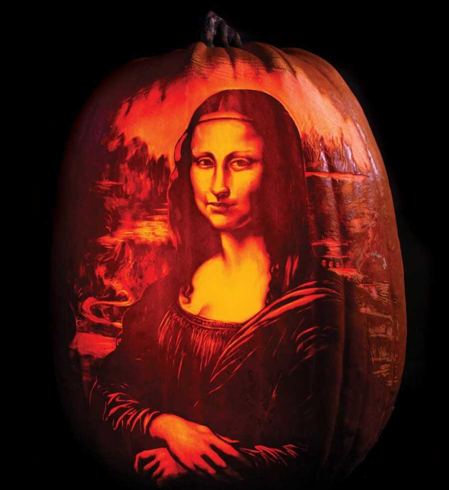 Incredible pumpkin carving of the Mona Lisa, created by Maniac Pumpkin Carvers. 