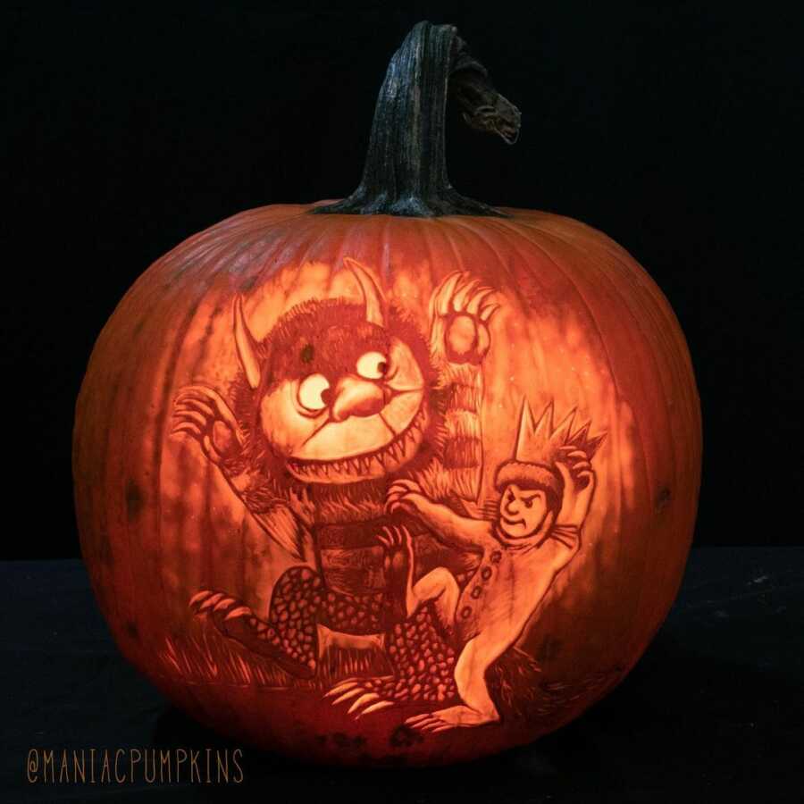 Detailed pumpkin carving of Where The Wild Things Are, created by Maniac Pumpkin Carvers. 