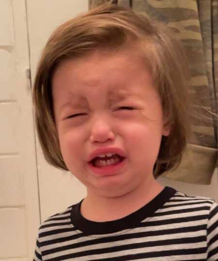 Toddler throwing a tantrum because he couldn't dip his toothbrush in the toilet. 