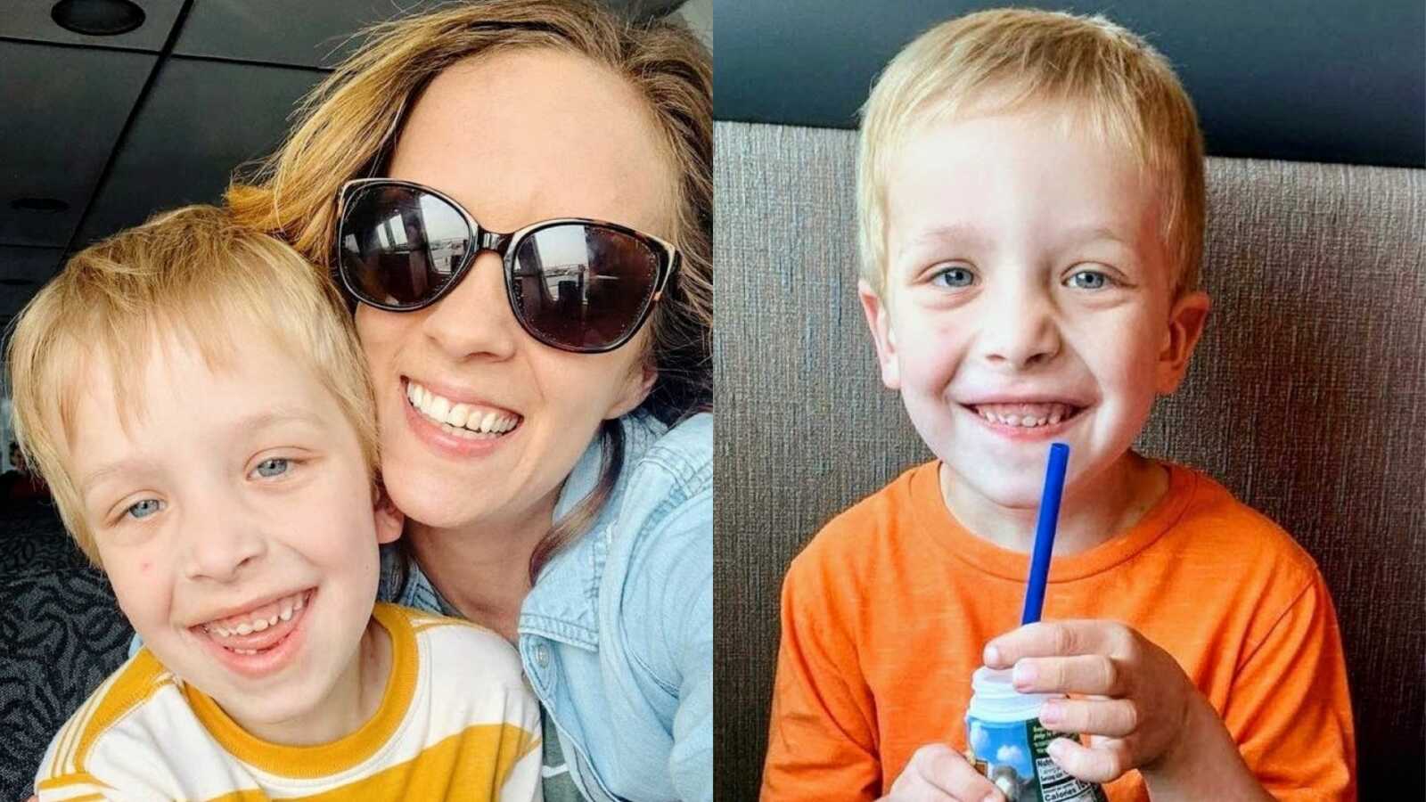 On the left, special needs mom takes a selfie with her son with autism, on the right, mom takes a photo of her son smiling at a restaurant