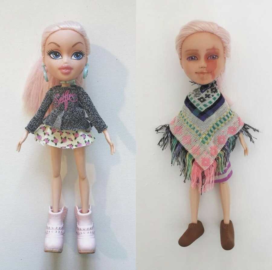 another doll transformed into one with a marking across her face