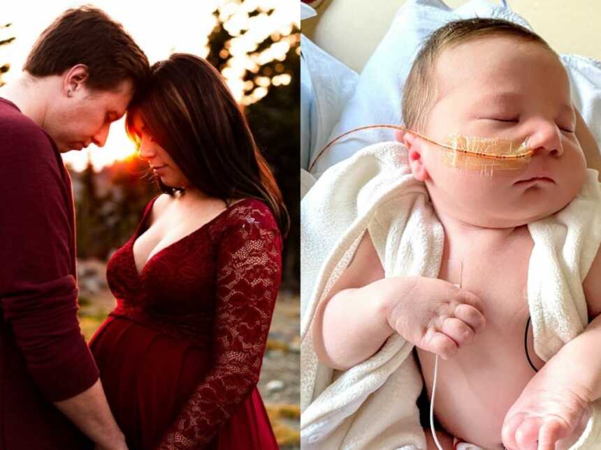 左边的一对年轻夫妇穿着相配的栗色衣服拍孕照，右边的年轻妈妈在医院抓拍她的医学复杂的新生儿