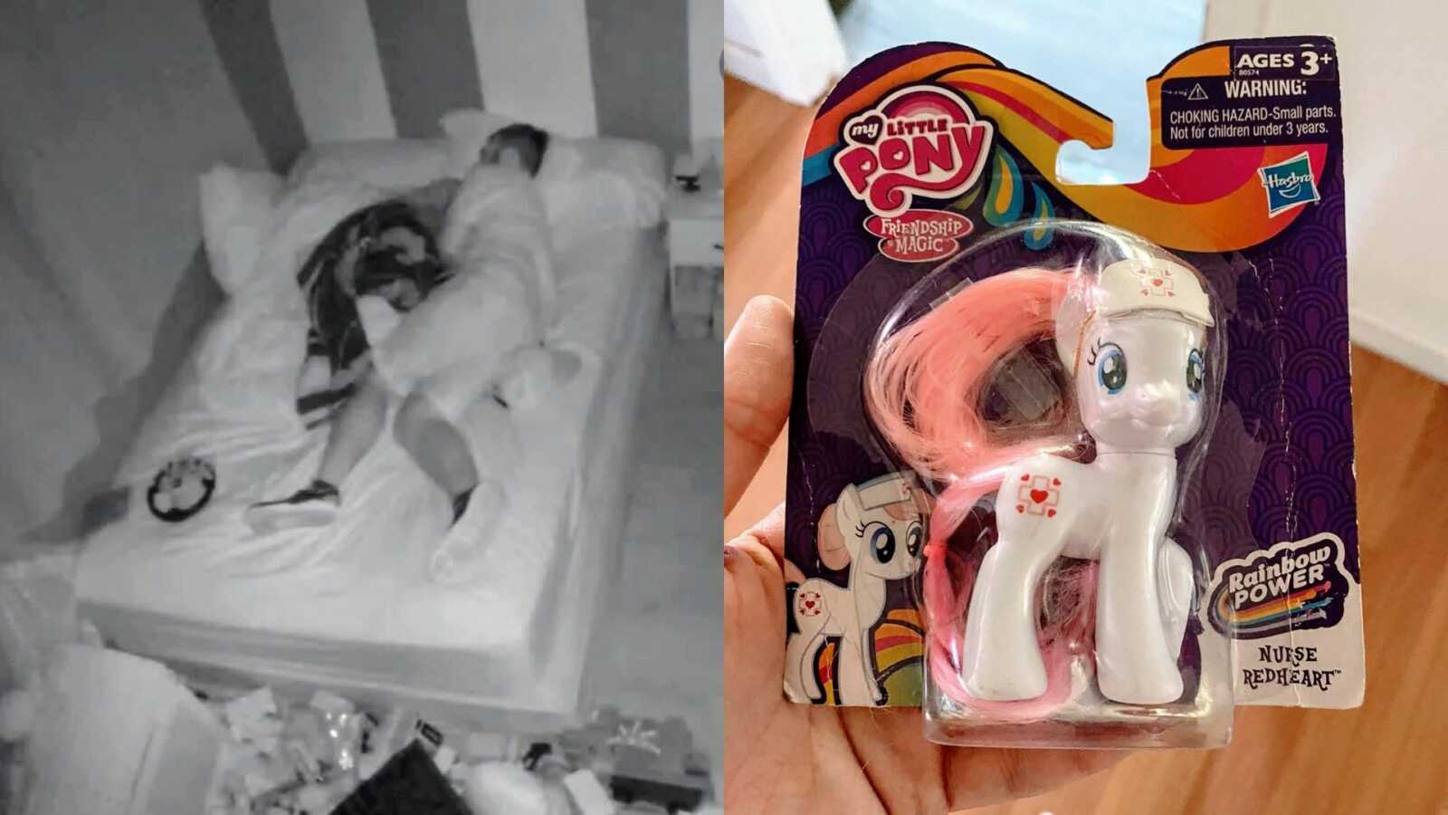 On the left, dad sleeps with his son in his bed, on the right, mom takes a photo of a nurse My Little Pony toy
