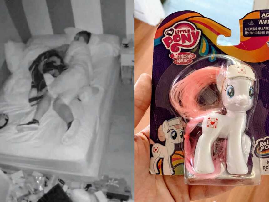 On the left, dad sleeps with his son in his bed, on the right, mom takes a photo of a nurse My Little Pony toy