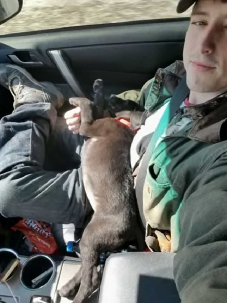 new deaf puppy laying in owners lap in the car after a long day