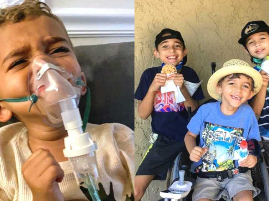 一个带着呼吸辅助设备的小男孩和一个患有肌肉萎缩症的男孩和他的朋友坐在一起