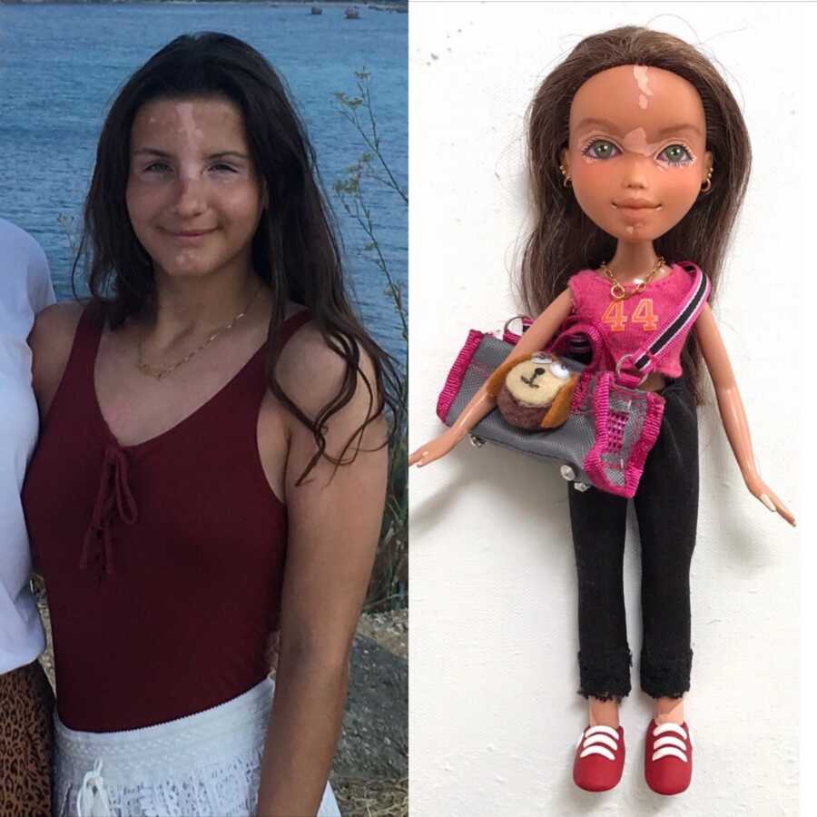 older girl with her doll made to look like her so she has some representation