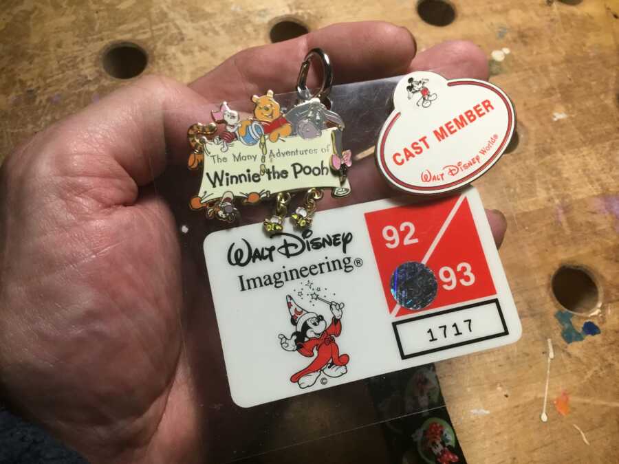 former woodcarver at walt disney word shows his name tag