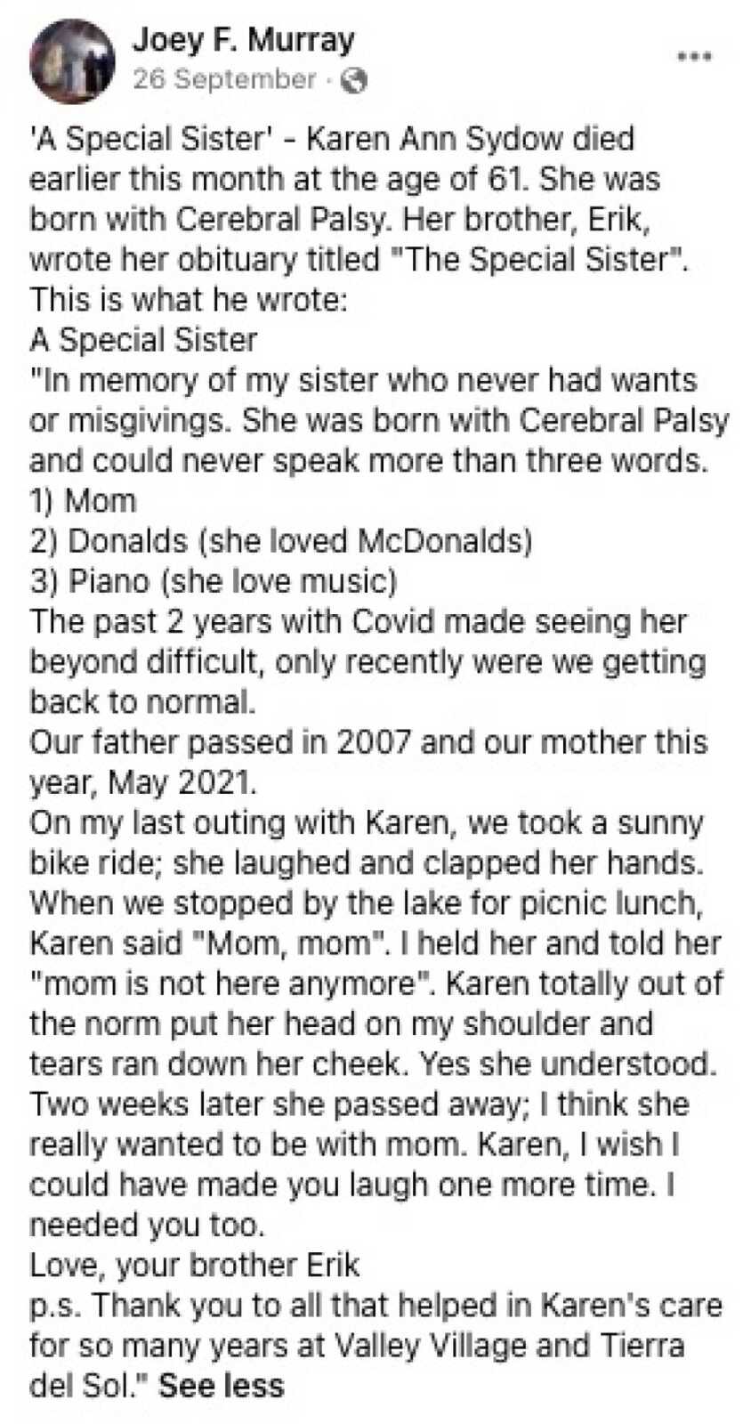 a brother's letter to his late sister
