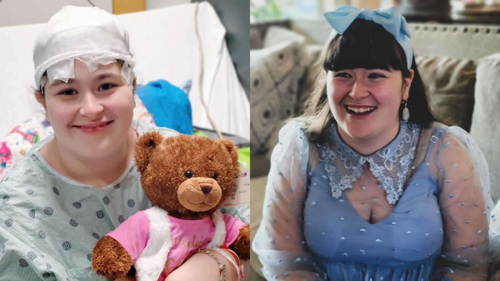 On the left, young girl with epilepsy sits in a hospital bed, on the right, same girl smiles big at her surprise Sweet 16 party