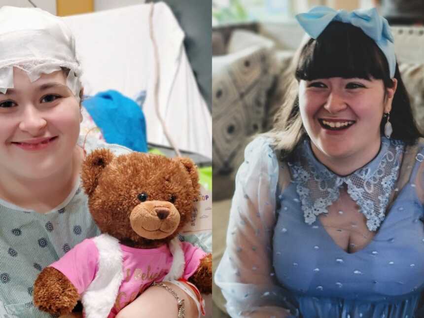 左边是一名患有癫痫的年轻女孩，她正躺在医院的病床上;右边是同一名女孩，她在甜蜜的16岁生日派对上笑容满面