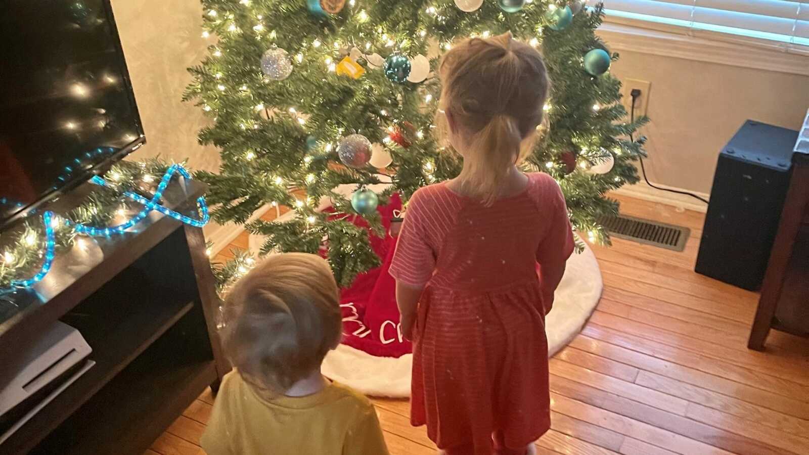 一个小男孩和一个小女孩在一年前失去了他们的妈妈后站在圣诞树前