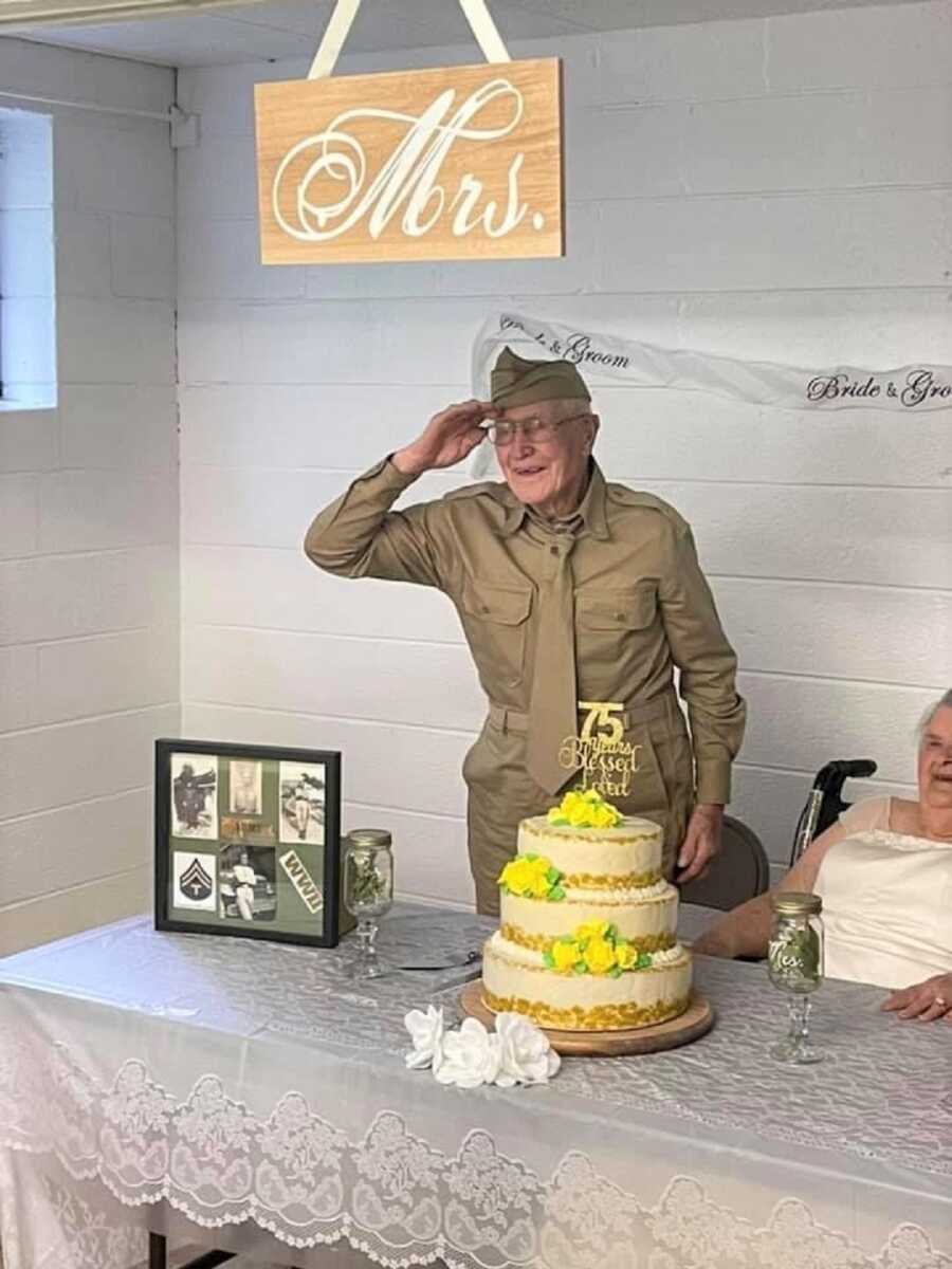 Great-grandpa wears replica WWII uniform to celebrate his years in the service.