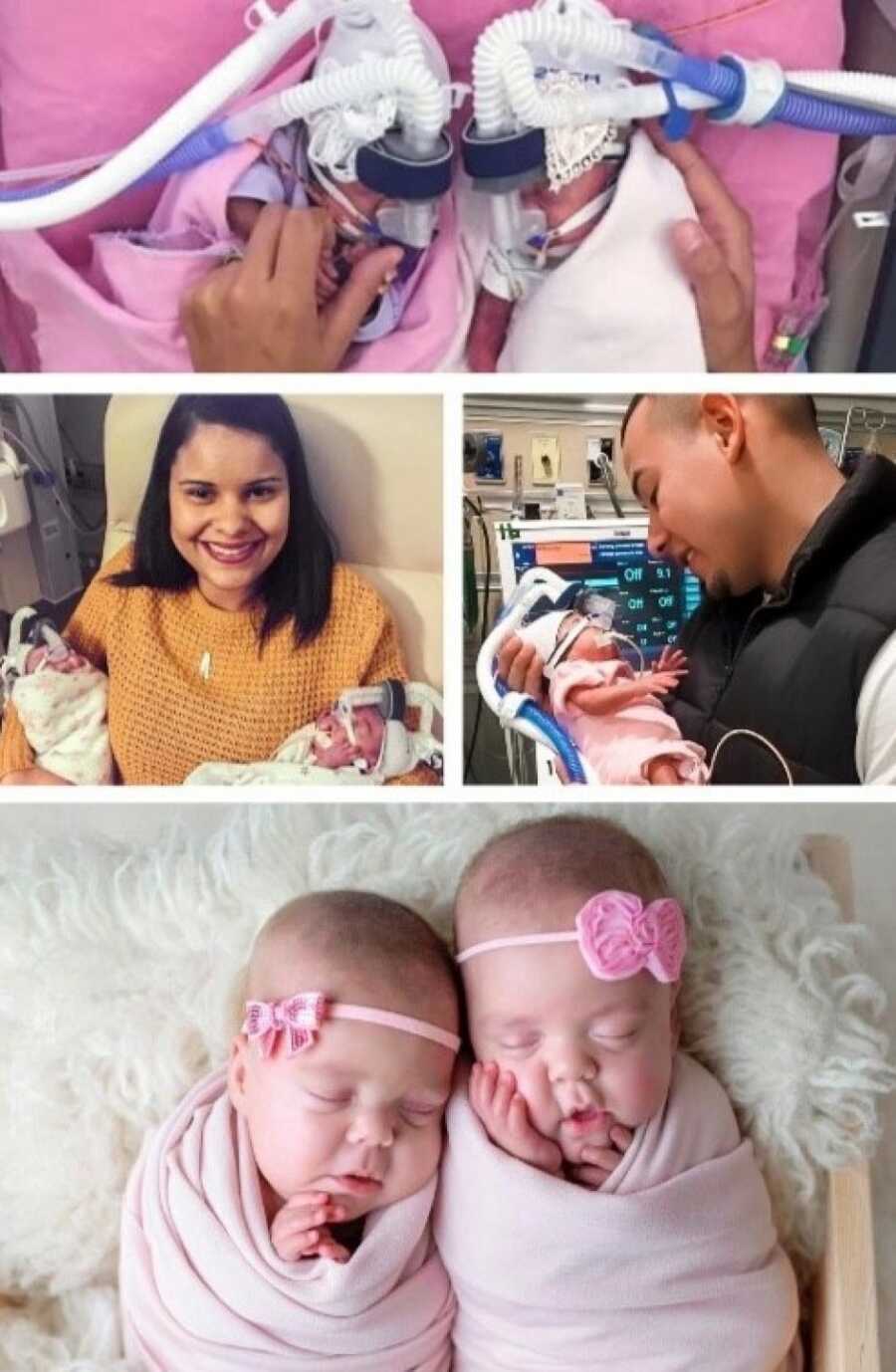 collage of premature twins in the hospital fighting to survive and then growing