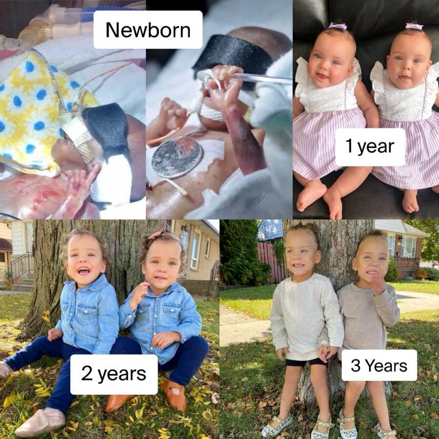 collage of premature twins in the hospital fighting to survive and then growing