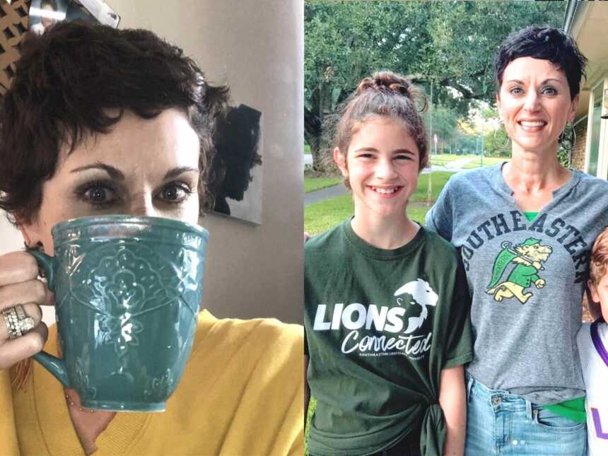 Woman holds mug in front of face and mom with two children