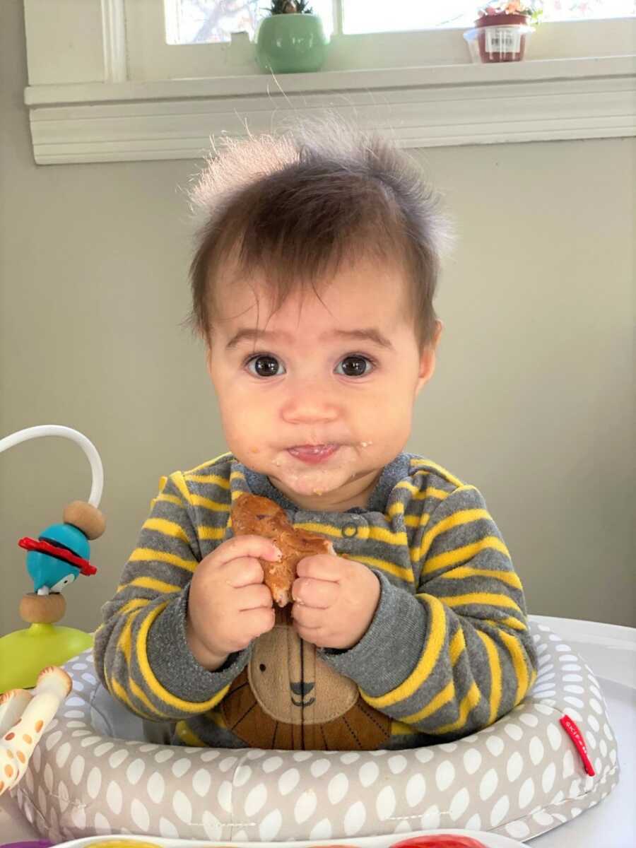 Sami enjoys a bagel, often sharing one with his mommy each morning.