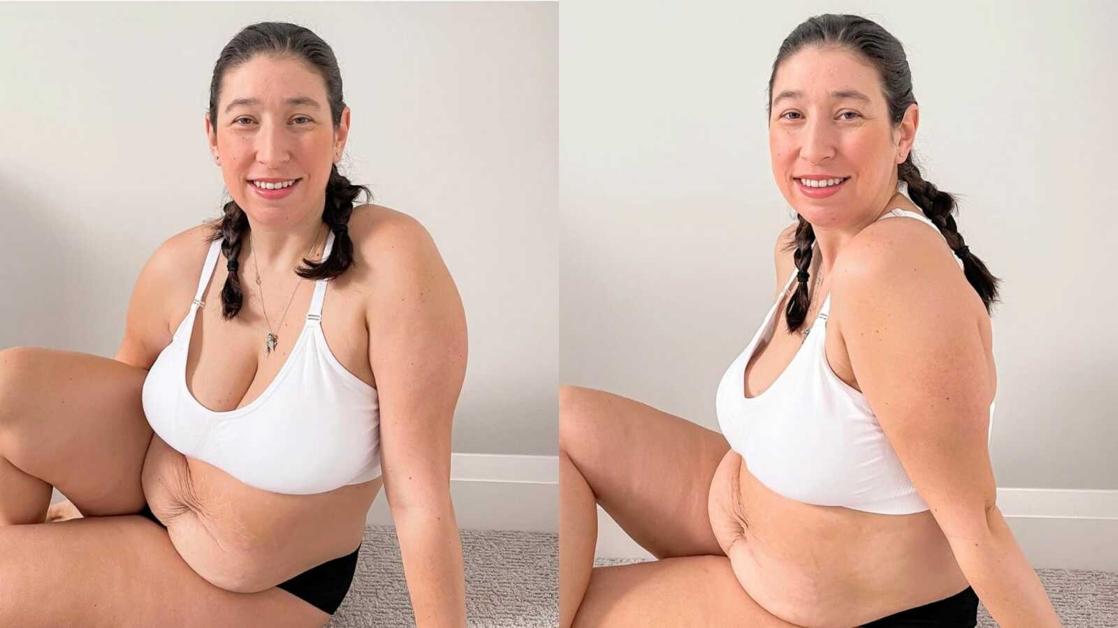 Mom confidently takes pictures in bra and underwear, embracing her postpartum body