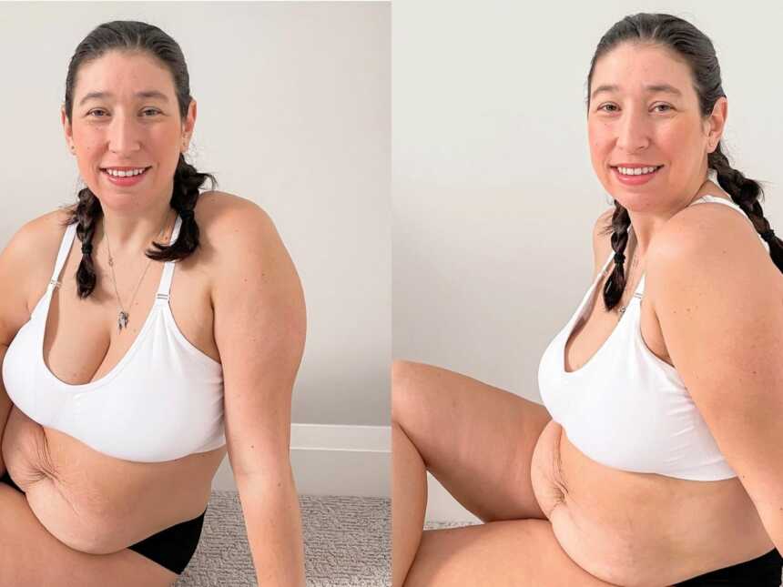 Mom confidently takes pictures in bra and underwear, embracing her postpartum body