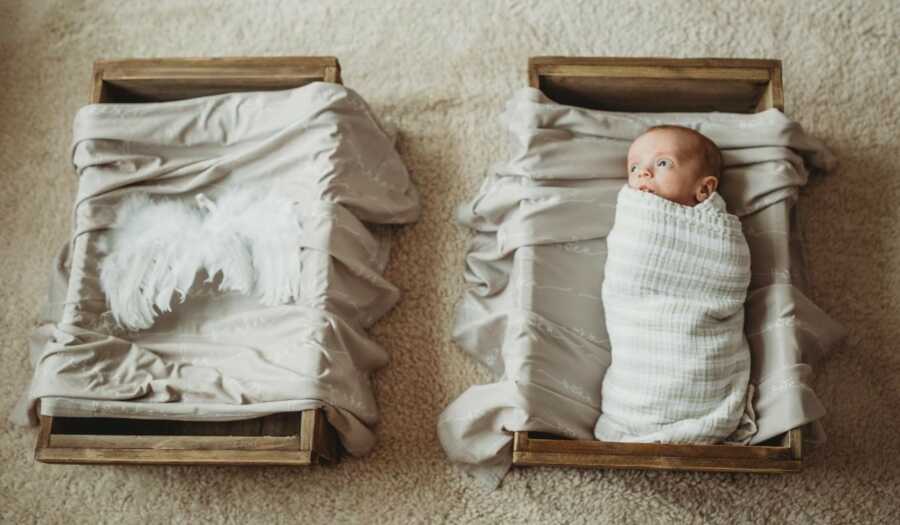 twin in his basket looking at his twin brother who passed